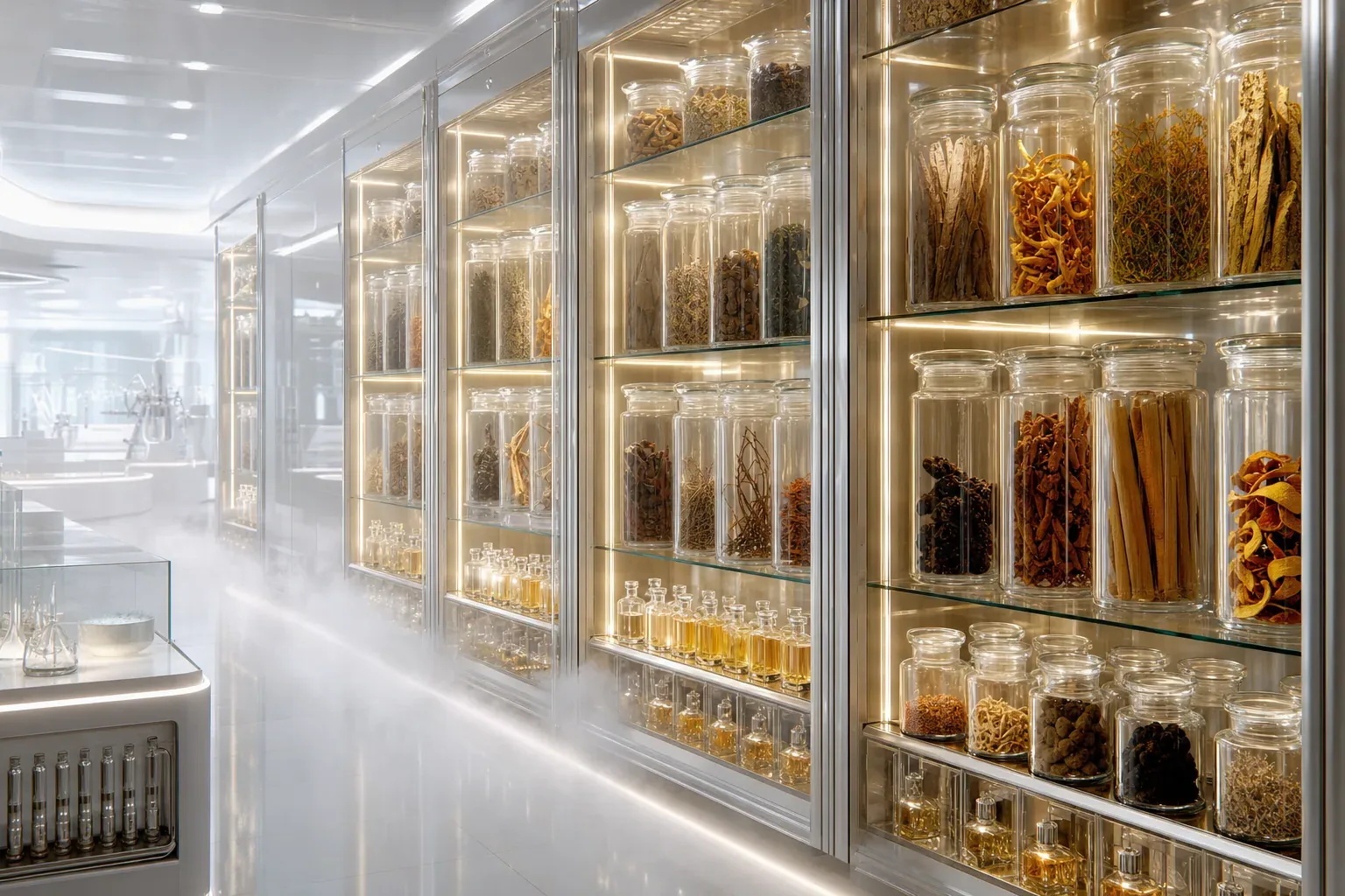 Illuminated glass cabinets holding raw fragrance materials