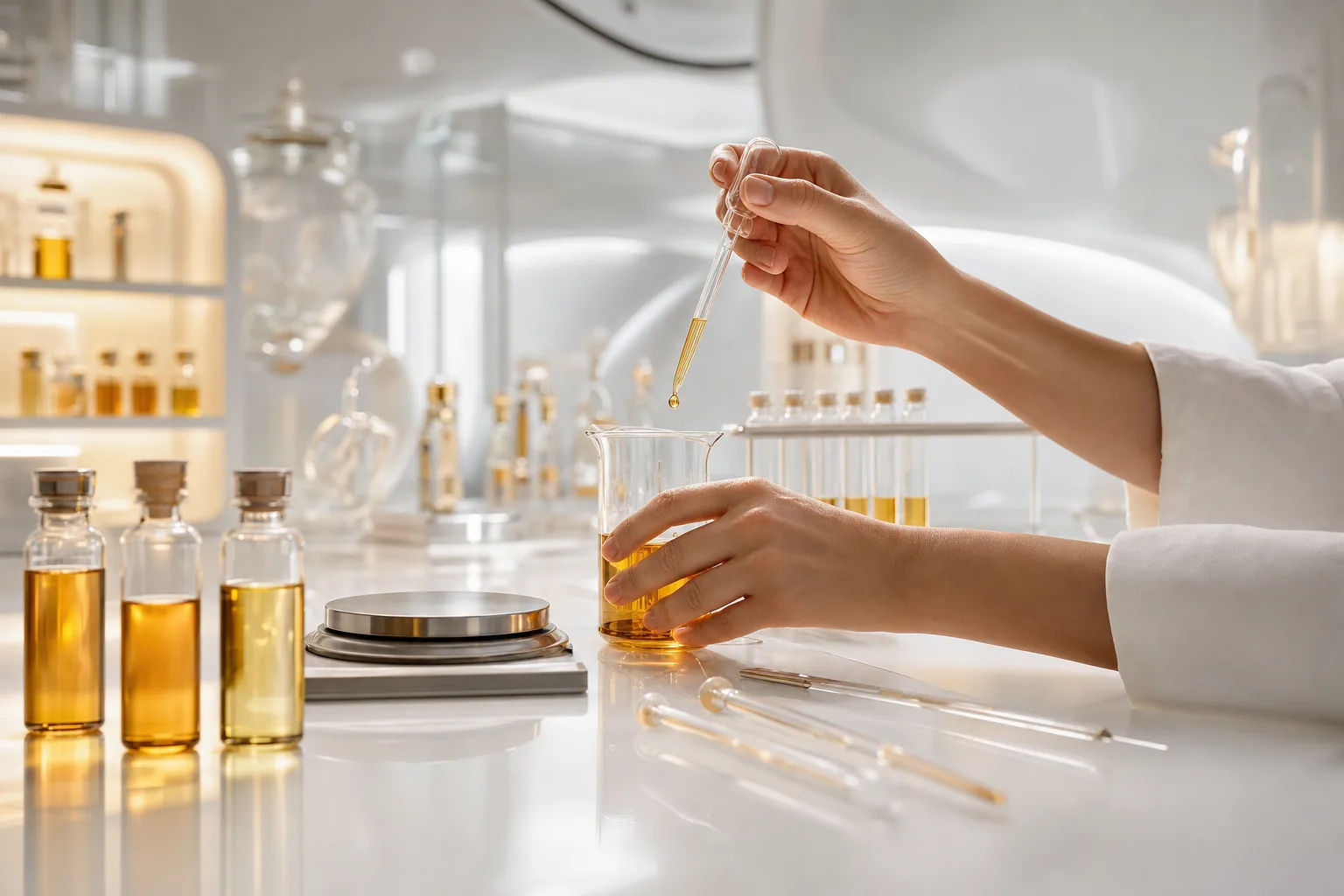 Hands dosing fragrance oil with a pipette at the lab bench